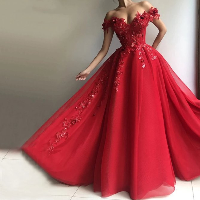 Red Off The Shoulder Prom Dresses 2021 Women Formal Party Night Vestidos A-Line Appliques Sequins Tulle Elegant Evening Gowns
