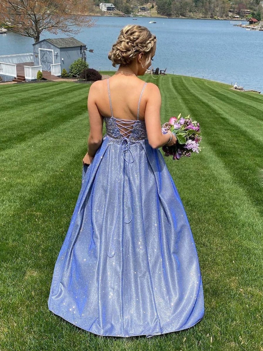 Blue sweetheart neck lace long prom dress lace blue bridesmaid dress