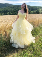 Yellow v neck tulle long prom dress, yellow tulle formal dress