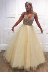 Yellow tulle v neck beads long prom dress yellow evening dress