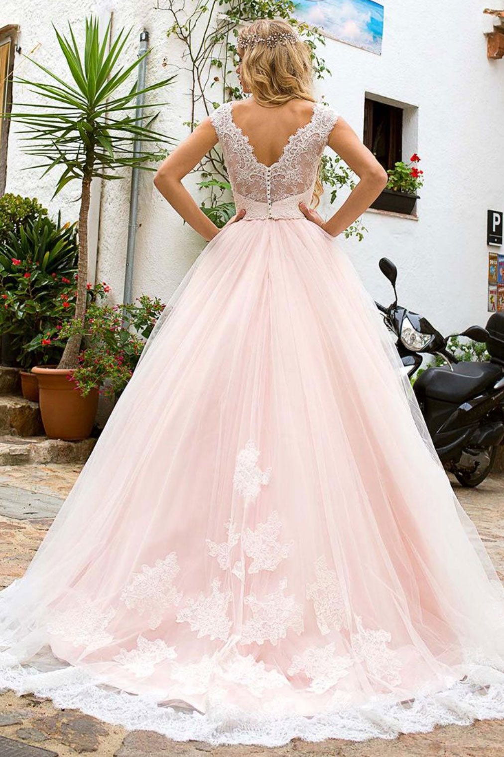 Pink round neck tulle lace long prom dress pink evening dress