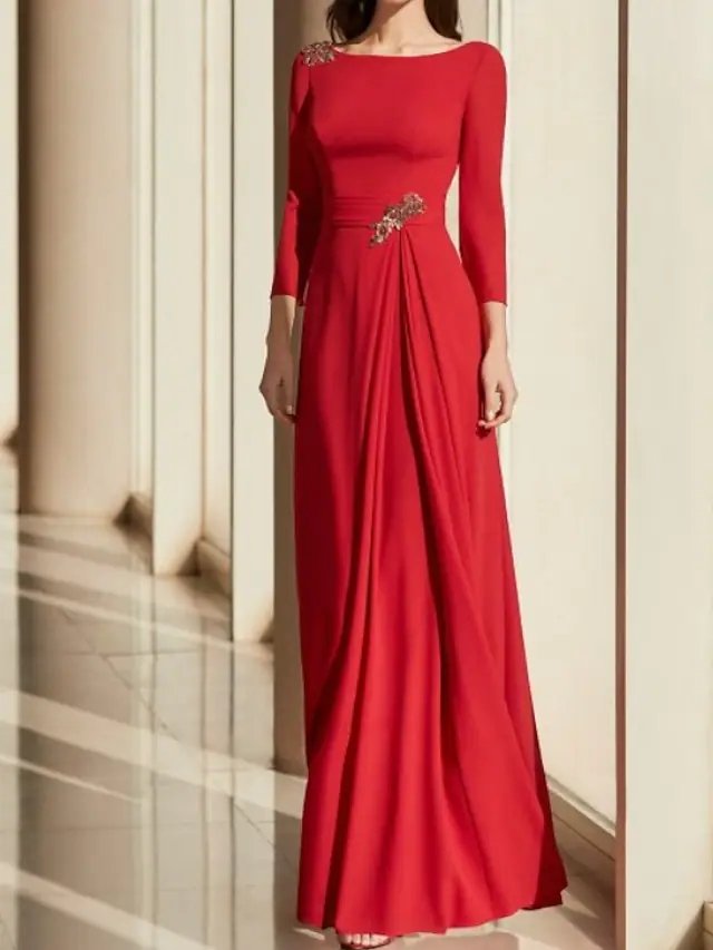 A-Line Mother of the Bride Dress Elegant Jewel Neck Floor Length Chiffon Long Sleeve with Pleats Crystal Brooch