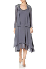 Gray Mother Of The Bride Dresses A-line Tea Length Chiffon Beaded With Jacket Short Groom Mother Dresses For Weddings