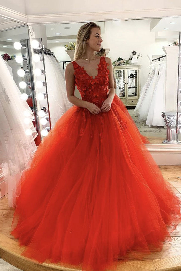 Orange v neck tulle lace long prom dress tulle sweet 16 dress