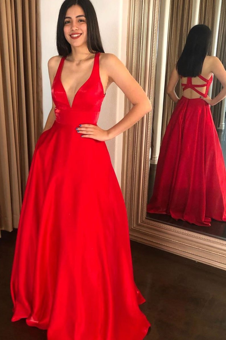 Red v neck satin long prom dress red long evening dress