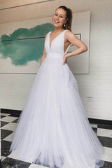 Simple v neck white tulle long prom dress white long evening dress