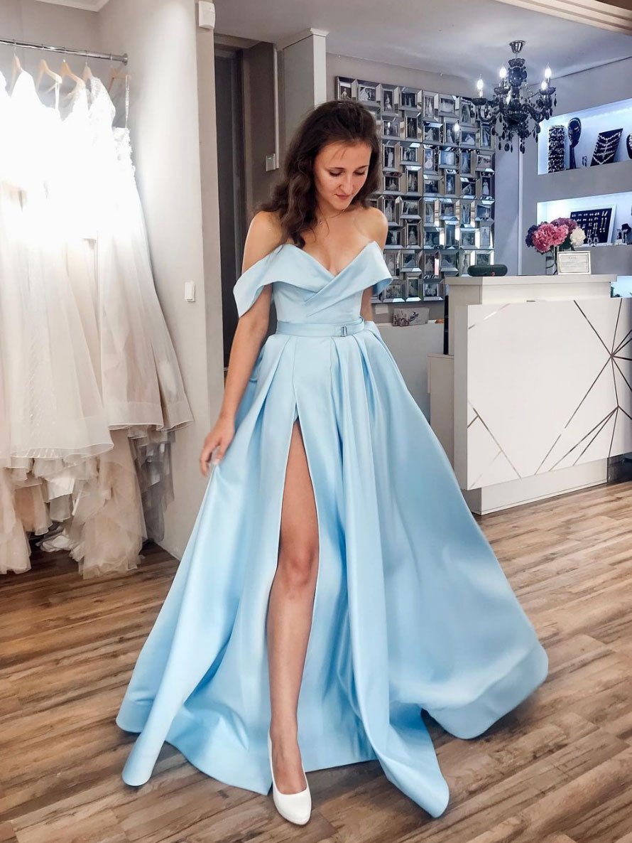 Simple off shoulder satin blue long prom dress, blue evening dress