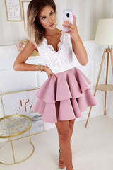 Pink v neck lace satin short prom dress pink lace homecoming dress