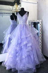 Purpler v neck tulle lace beads long prom dress tulle formal dress