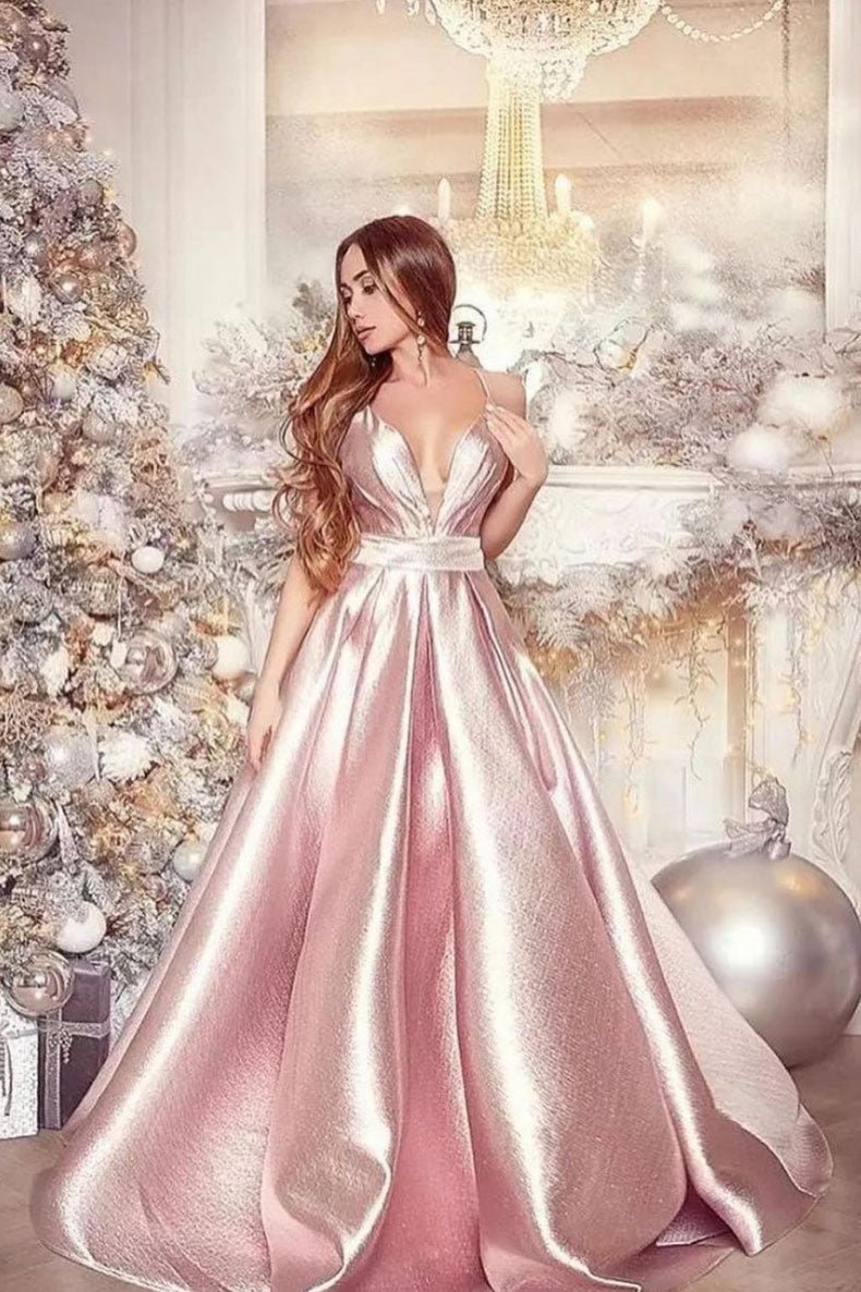 Simple v neck pink satin long prom dress pink evening dress