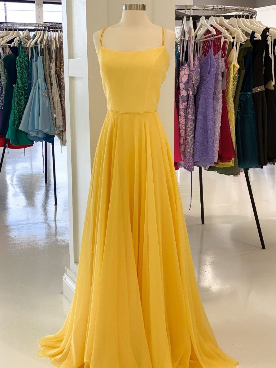Simple yellow chiffon long prom dress, yellow formal dress