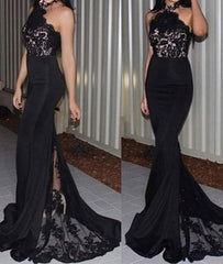 Unique black lace long prom dress, bridesmaid dresses