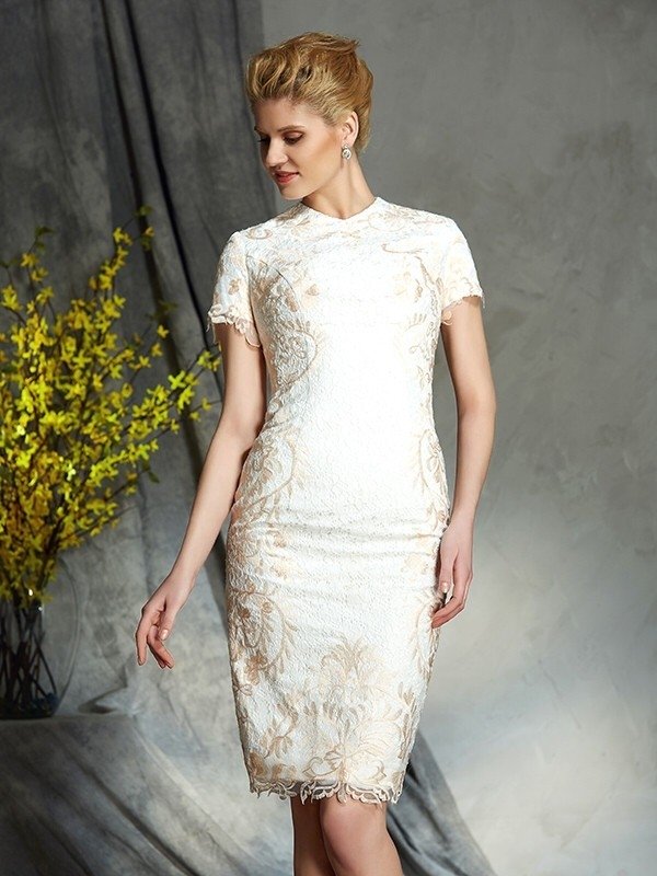Sheath/Column Jewel Lace Short Sleeves Short Lace Mother of the Bride Dresses