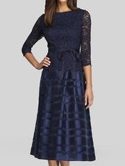 A-Line Mother of the Bride Dress Elegant Jewel Neck Tea Length Nylon Lace 3/4 Length Sleeve with Sash / Ribbon
