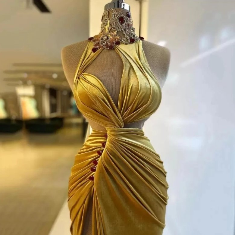 Gold Evening Dresses Sheath High Collar Velvet Beaded Slit Long Turkey Dubai Saudi Arabic Evening Gown Prom Dresses