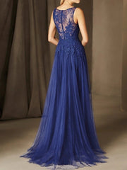 A-Line Mother of the Bride Dress Elegant Jewel Neck Floor Length Lace Sleeveless with Pleats Appliques