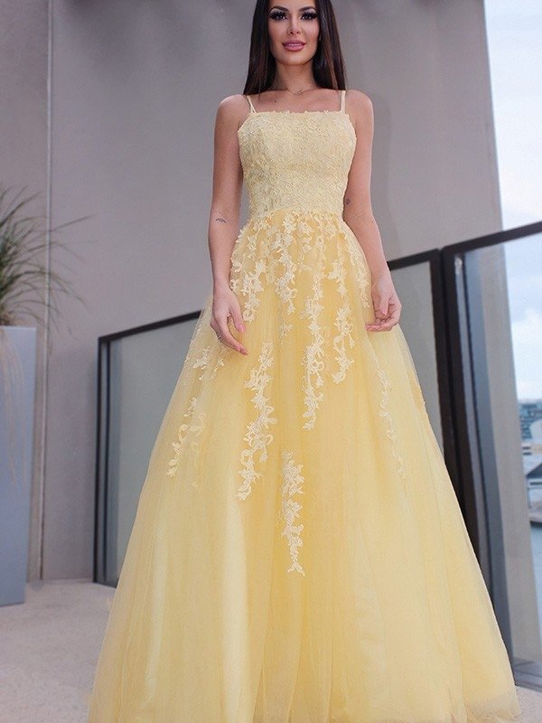 A-Line/Princess Spaghetti Straps Applique Sleeveless Tulle Floor-Length Dresses