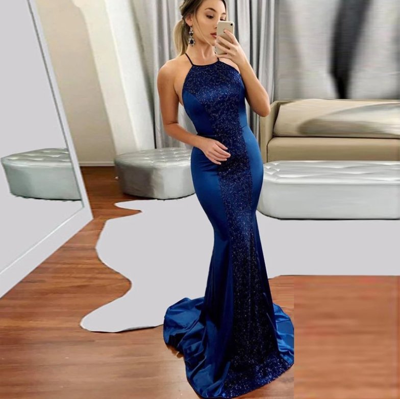 Blue Robe De Soiree Mermaid Halter Appliques Elegant Backless Sexy Long Prom Dresses Prom Gown Evening Dresses