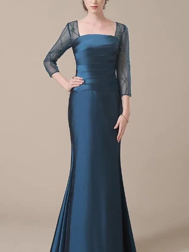 Mermaid / Trumpet Mother of the Bride Dress Elegant Jewel Neck Floor Length Satin 3/4 Length Sleeve with Ruching
