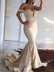 Mermaid / Trumpet Minimalist Sexy Wedding Guest Formal Evening Dress Off Shoulder Sleeveless Court Train Spandex with Pleats Ruched