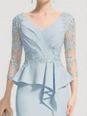 Sheath / Column Mother of the Bride Dress Elegant V Neck Knee Length Chiffon Lace 3/4 Length Sleeve with Appliques Ruching