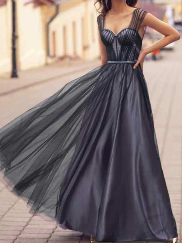 A-Line Empire Elegant Engagement Prom Dress Sweetheart Neckline Sleeveless Floor Length Tulle Stretch Satin with Pleats