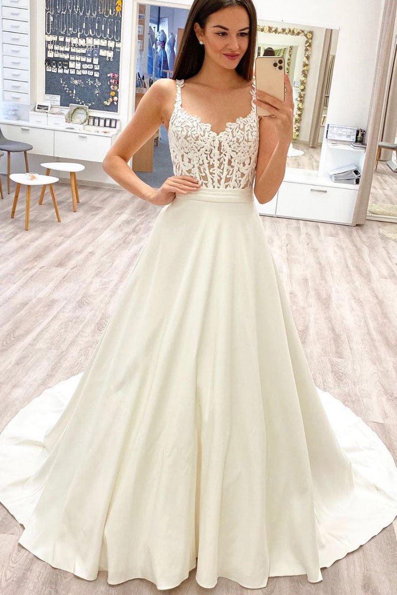 White sweetheart lace satin long prom dress white lace evening dress