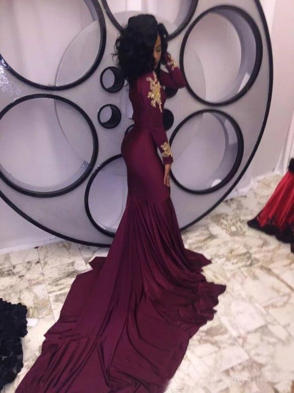 Burgundy Robe De Soiree Mermaid High Collar Long Sleeves Lace Beaded Sexy Long Prom Dresses Prom Gown Evening Dresses