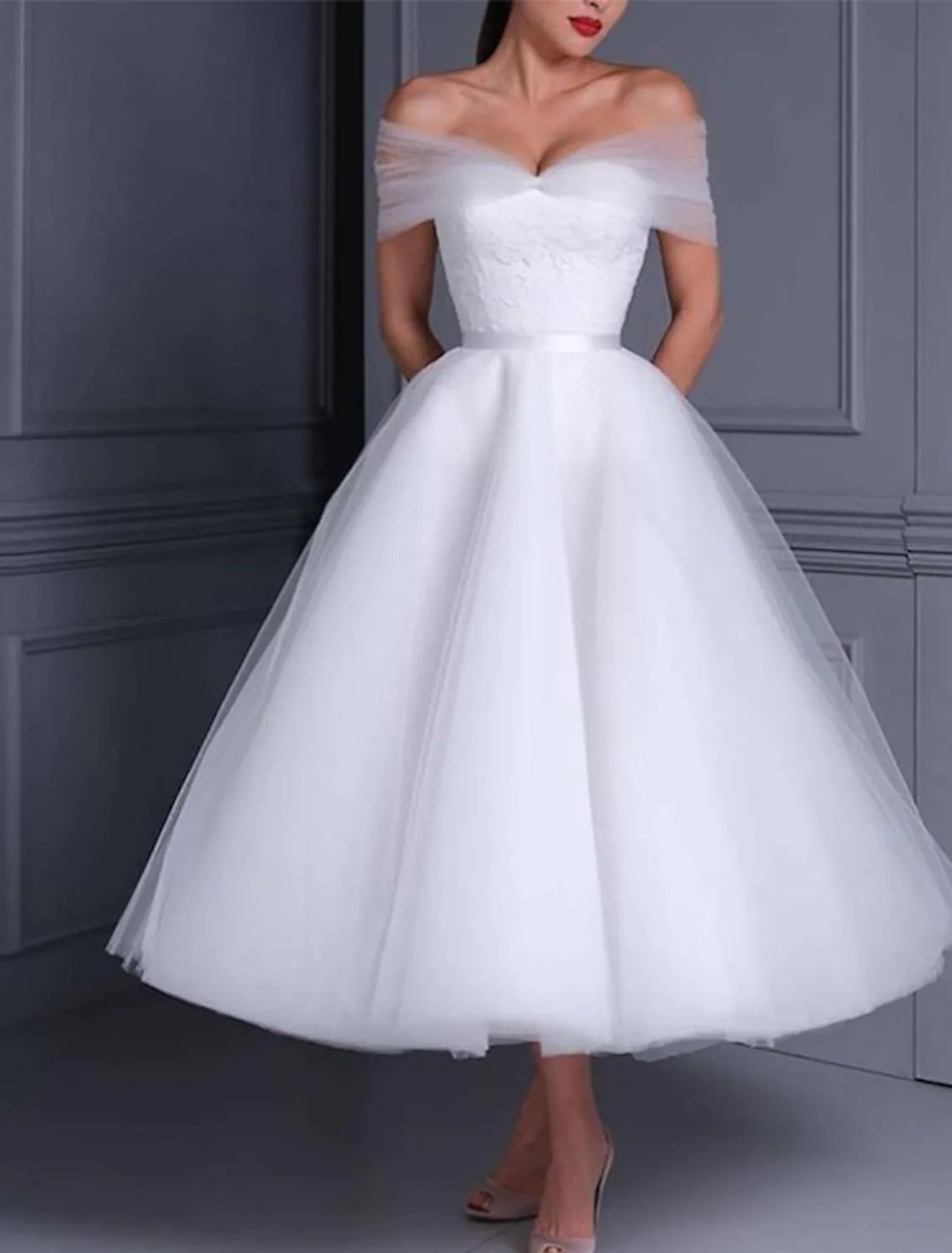 Wedding Dresses Off Shoulder Tea Length Lace Tulle
