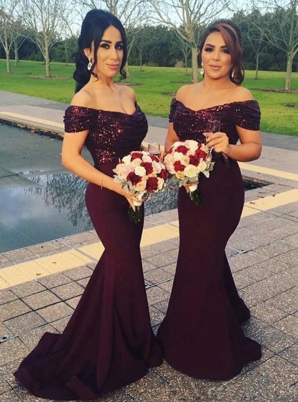 Burgundy Bridesmaid Dresses For Women Mermaid Off The Shoulder Sequins Long Cheap Under 50 Wedding Party Dresses