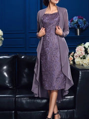 Two Piece Sheath / Column Mother of the Bride Dress Elegant Jewel Neck Knee Length Chiffon Lace Long Sleeve with Appliques