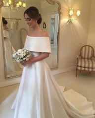 A-line Off The Shoulder Long Satin Wedding Dresses
