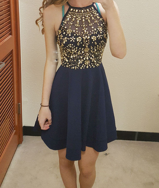 Unique round neck rhinestones short prom dress, cute homecoming dress