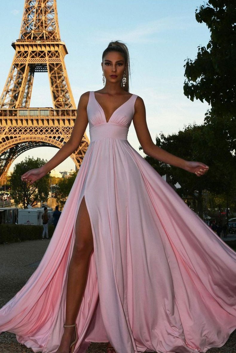 Simple pink v neck satin long prom dress pink evening dress