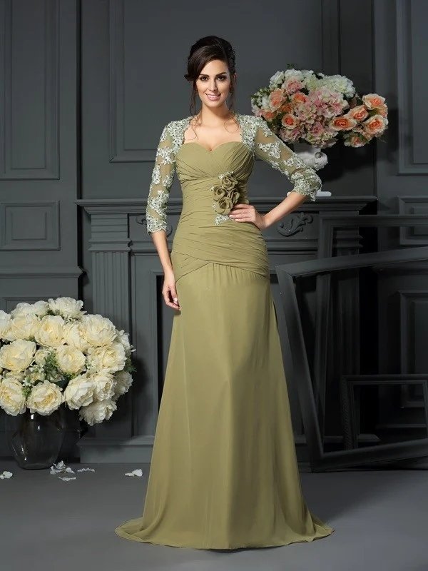 A-Line/Princess Sweetheart Hand-Made Flower 1/2 Sleeves Long Chiffon Mother of the Bride Dresses