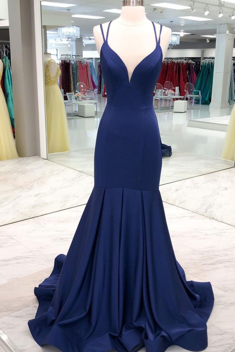 Simple dark blue satin long prom dress blue evening dress