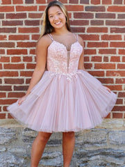 Pink A-line tulle lace short prom dress pink homecoming dress