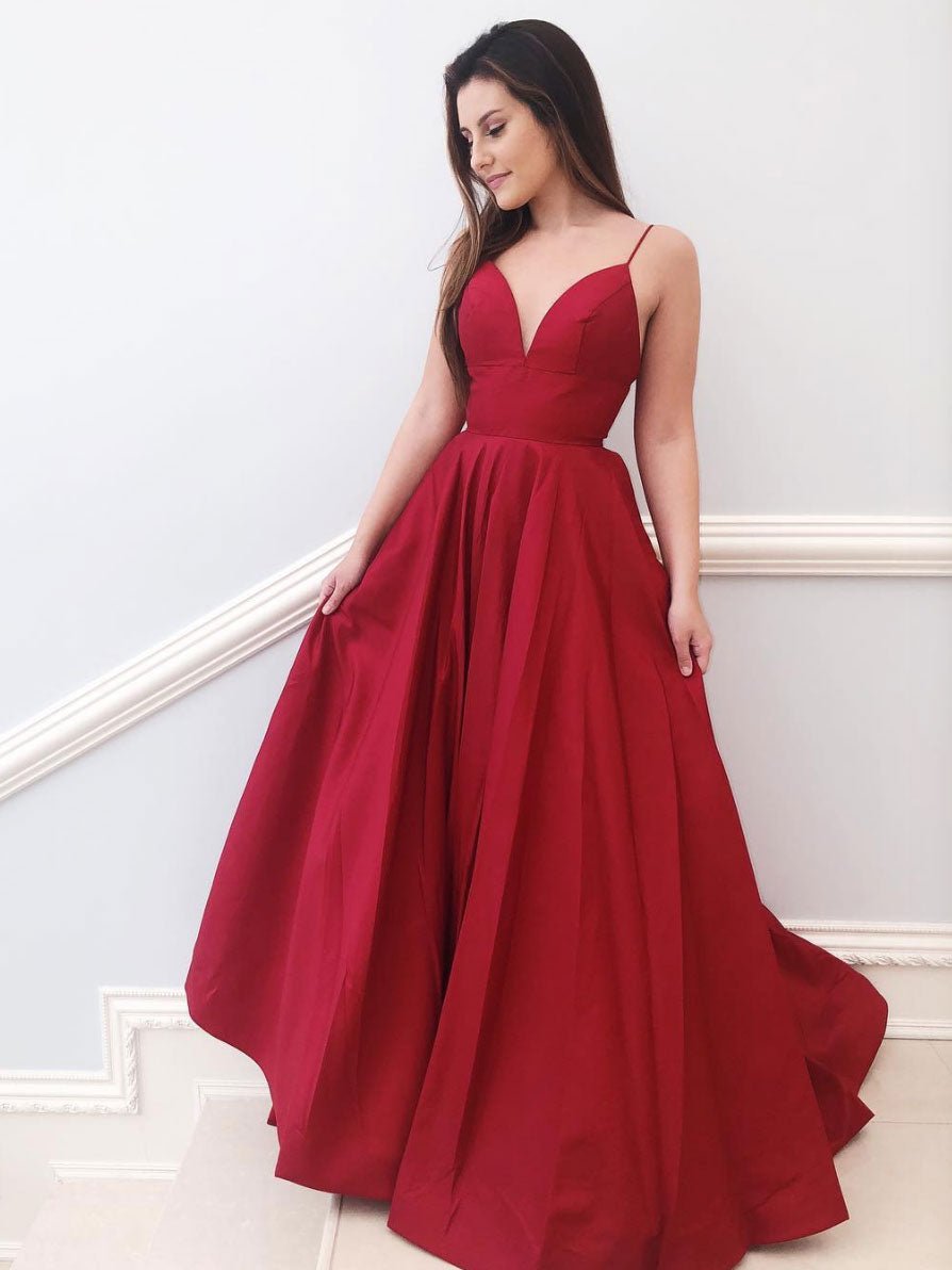Red v neck satin A-line long prom dress red bridesmaid dress