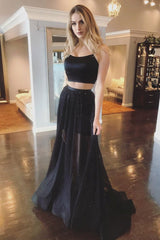 Black two pieces tulle long prom dress black evening dress