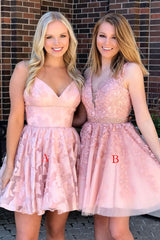 pink tulle lace short prom dress, pink homecoming dress