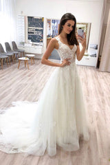 White v neck tulle lace long prom dress lace formal dress