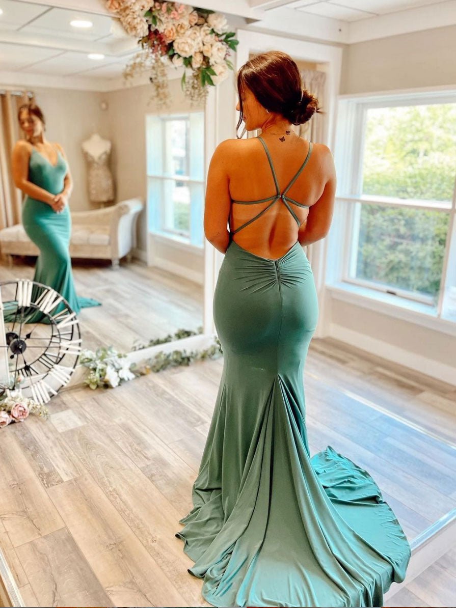Green v neck mermaid long prom dress, green evening dress