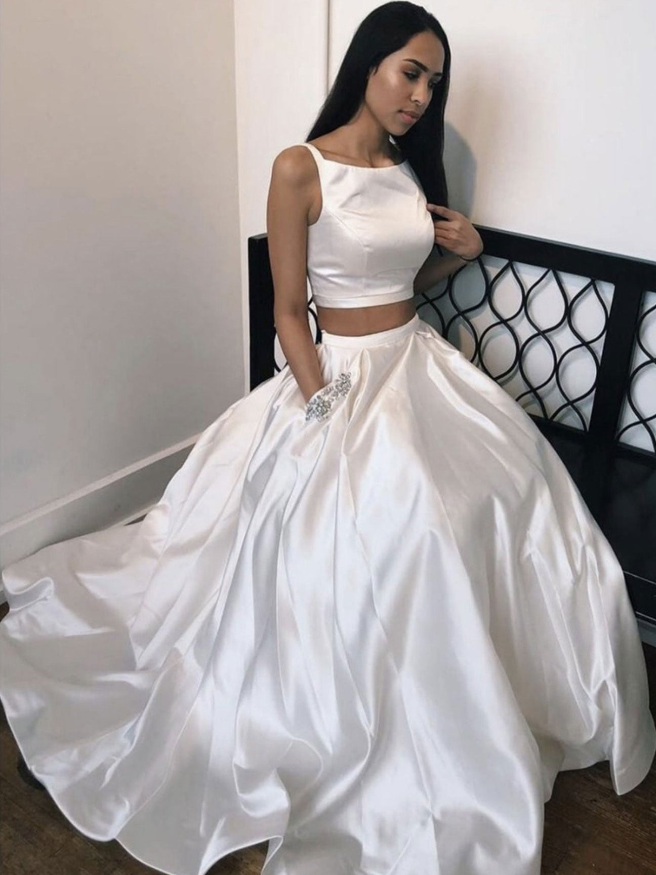 White satin two pieces long prom dress, white evening dress