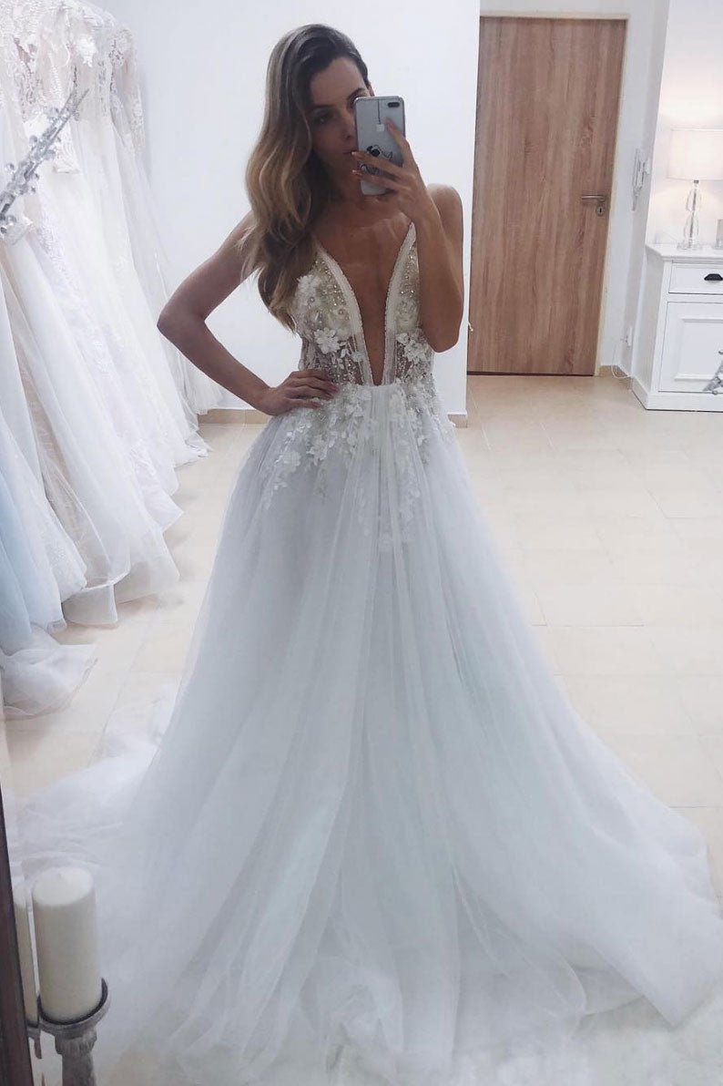 White v neck tulle lace beads long prom dress formal dress