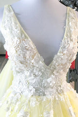 Yellow v neck tulle lace long prom dress yellow formal dress