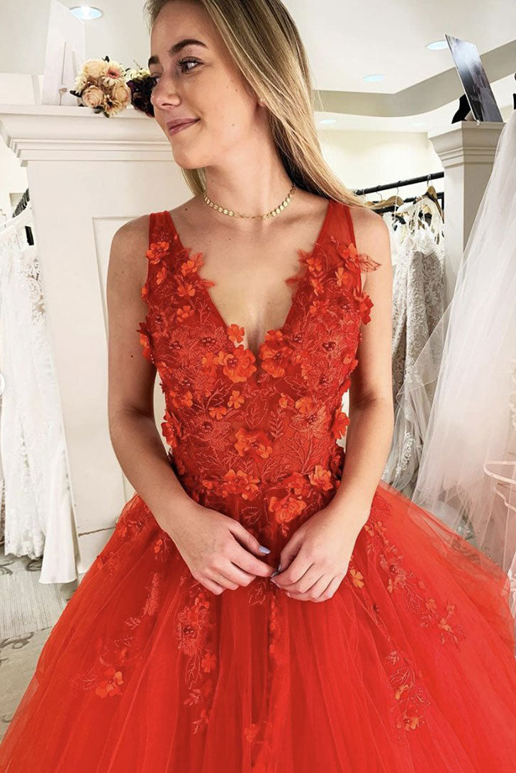 Orange v neck tulle lace long prom dress tulle sweet 16 dress