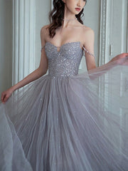 Unique sweetheart sequin tulle long prom dress tulle evening dress