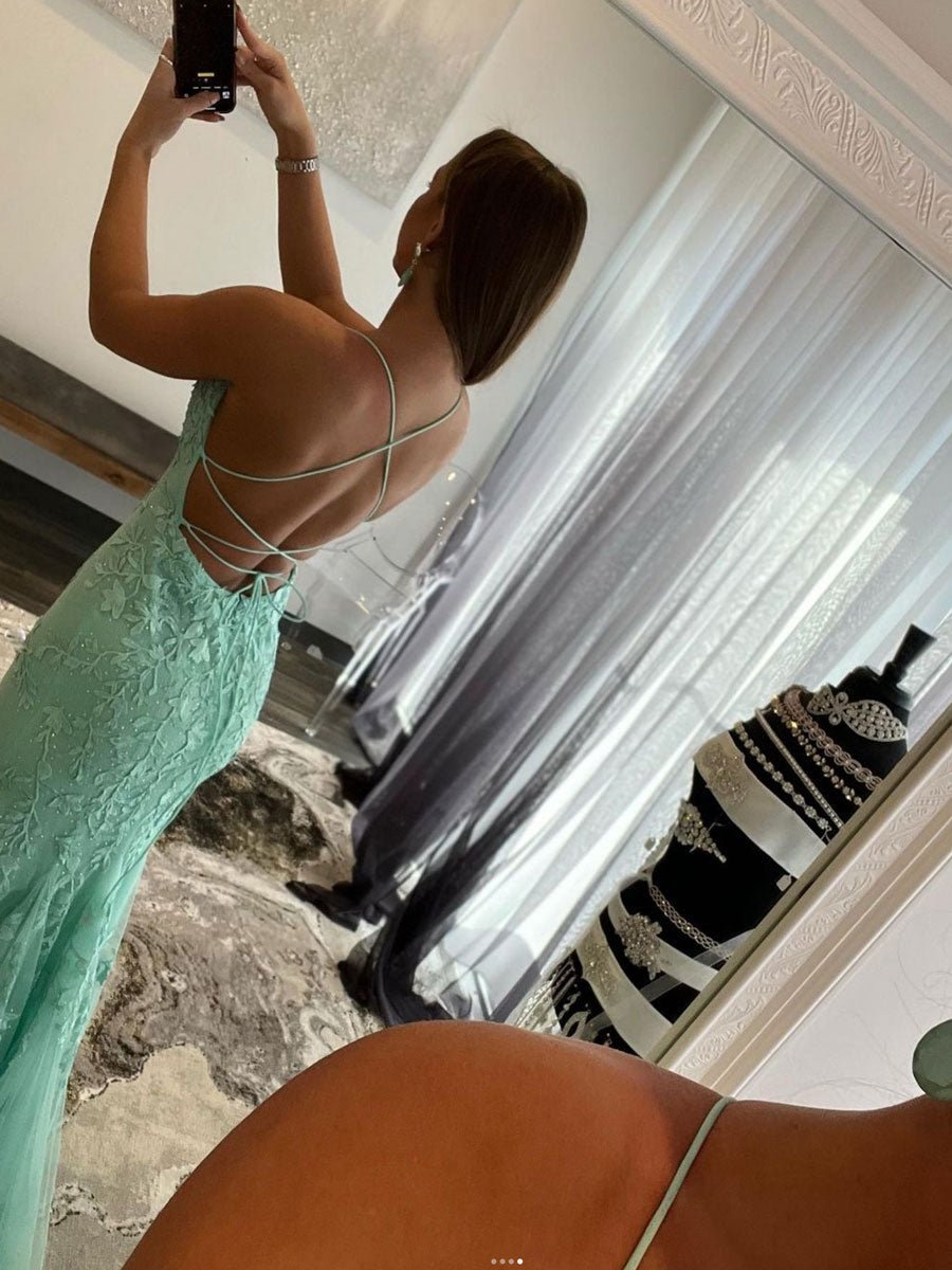 Green tulle lace mermaid long prom dress, green tulle formal dress