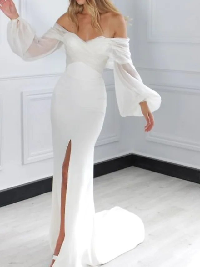 Sheath / Column Wedding Dresses Off Shoulder Court Train Chiffon Long Sleeve Simple