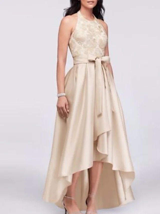 A-Line Mother of the Bride Dress Elegant Halter Neck Asymmetrical Satin Sleeveless with Bow(s)